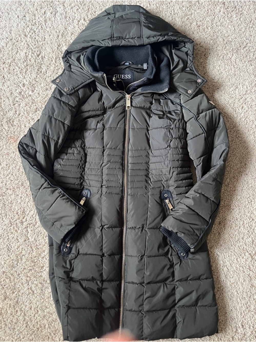 GUESS Quilted Hooded Puffer Coat - Olive Green